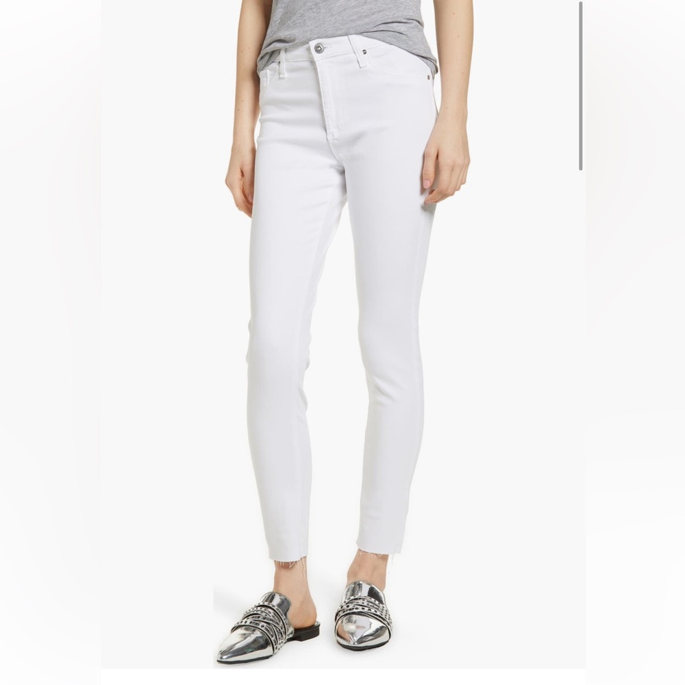 AG The Farrah High Waist Raw Hem Ankle White Skinny Jean
